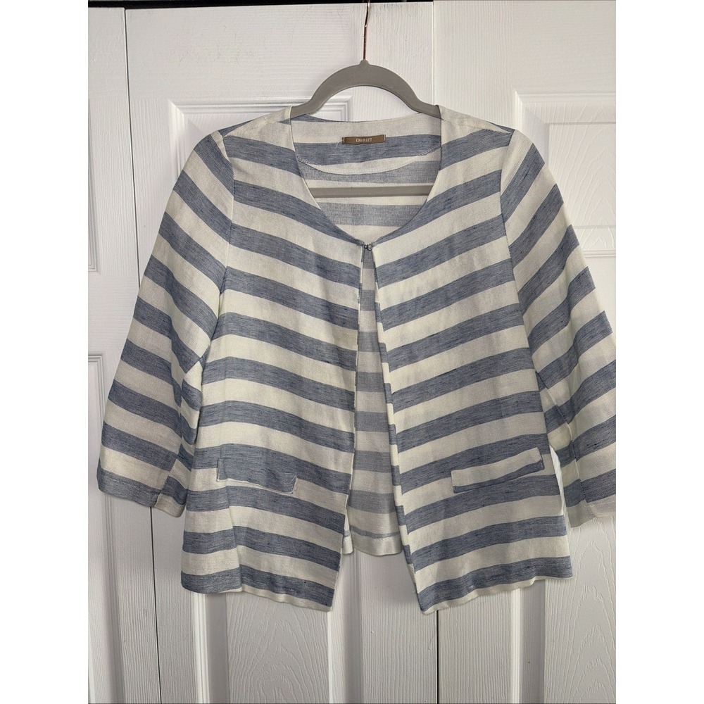 Charget Striped Open Front Blazer Womens Size L Blue White Linen Blend Italy